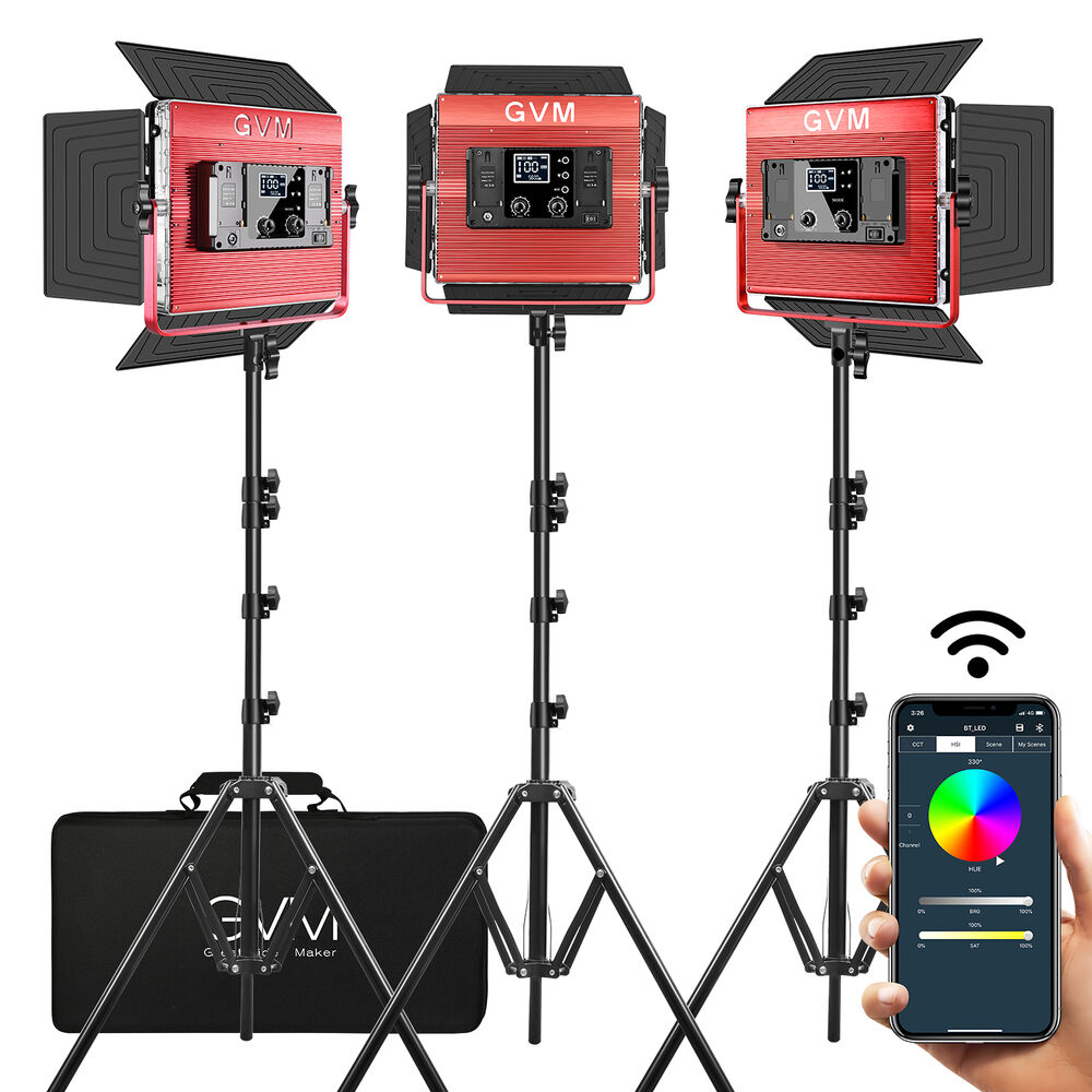 GVM RGB LED Studio Video Light Bi-Color Soft 3-Light Panel Kit