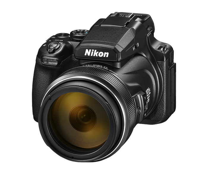 Nikon COOLPIX P1100 digital camera front three-quarter view showing 125x optical zoom NIKKOR lens