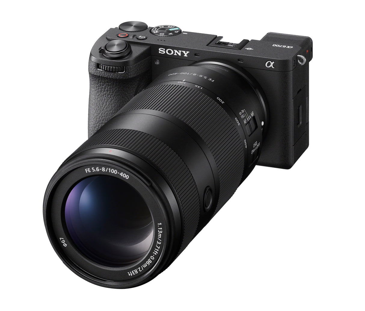 Sony FE 100-400mm F5.6-8 OSS mounted on a Sony a6700, right side view