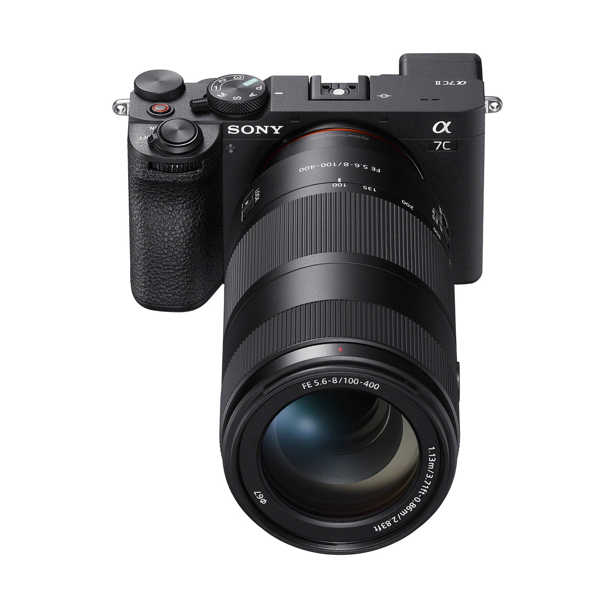 Sony FE 100-400mm F5.6-8 OSS mounted on a Sony a7C II, front top view
