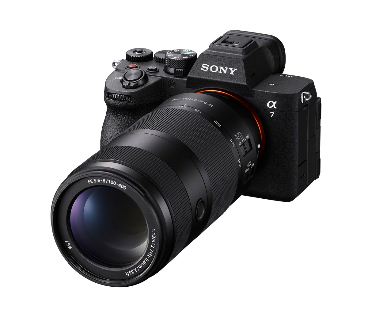 Sony FE 100-400mm F5.6-8 OSS mounted on a Sony a7 V, right side view