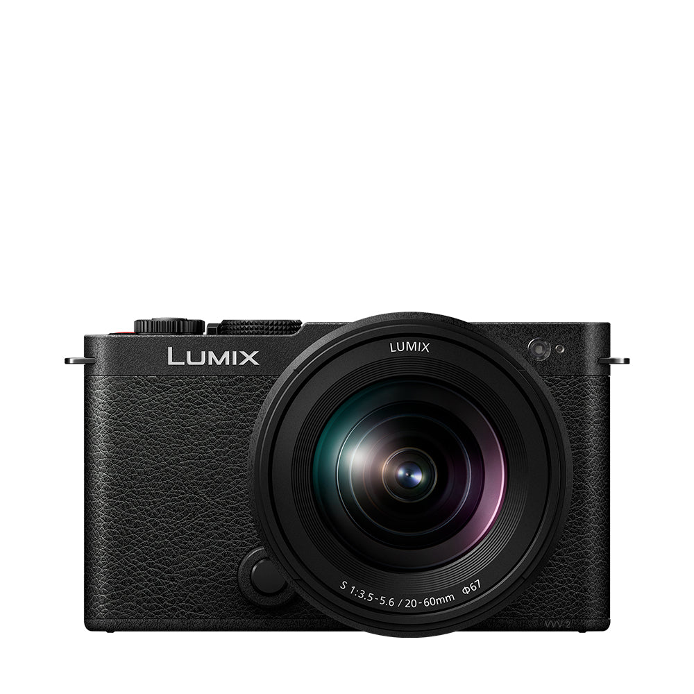 Black LUMIX S9 Full Frame Mirrorless Camera front view with a sleek design and attached lens visible