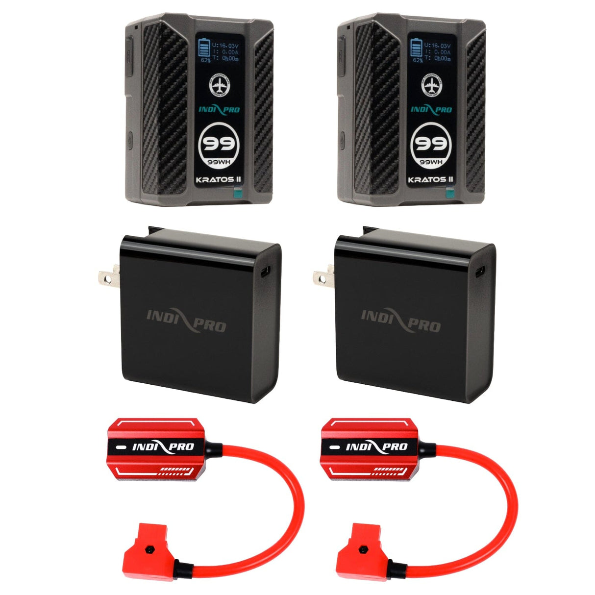 Indipro 2x Kratos 99Wh V-Mount Li-Ion Batteries, 2x D-Tap to Type C-USB Quick Charging Adapter & Power Supply and 2x 45W USB-C PD Wall Charger with Cable Kit