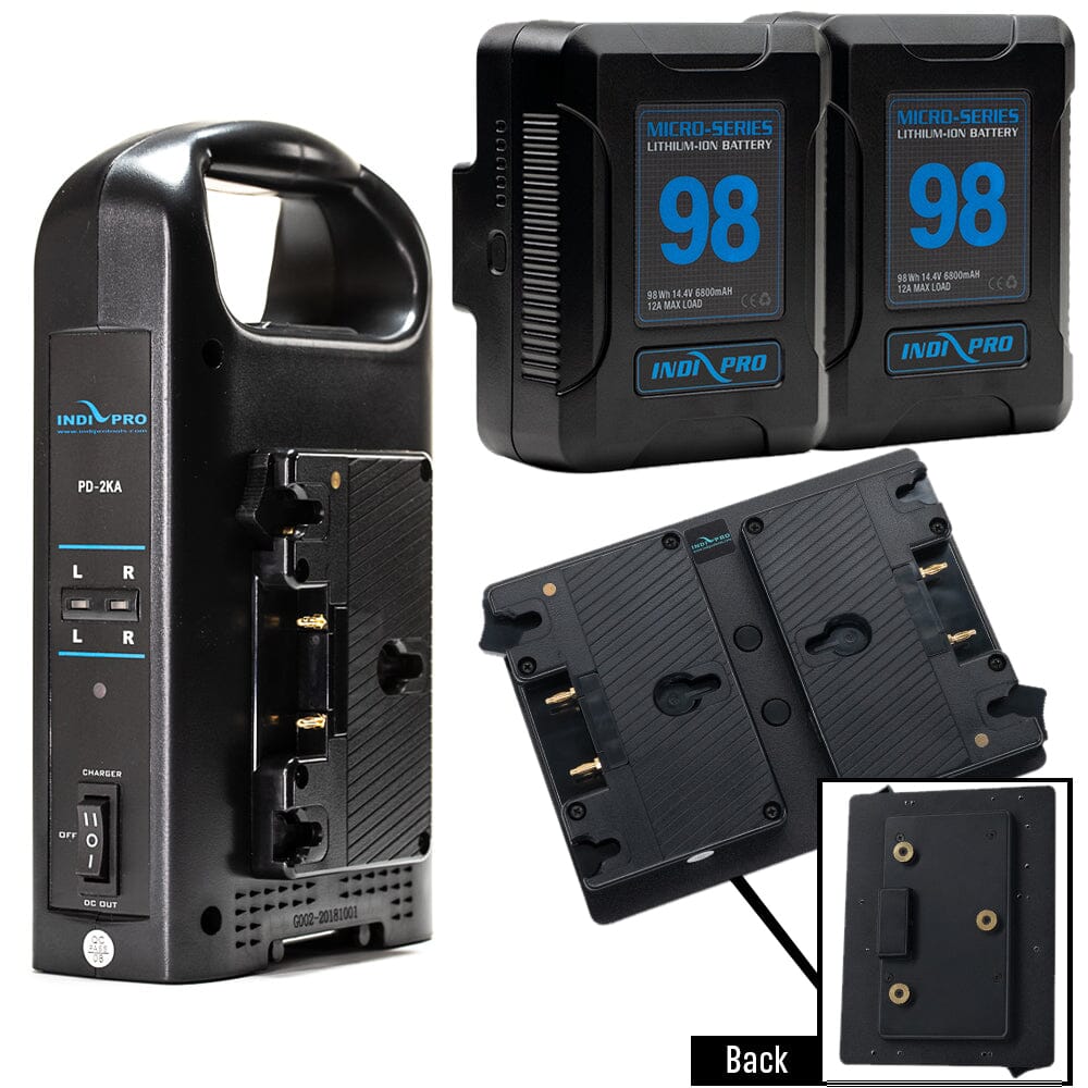 Indipro 2x Micro Series 98Wh Gold Mount Battery, Dual Charger & Dual Gold Mount Adapter Plates to Gold Mount Lock Plate Bundle