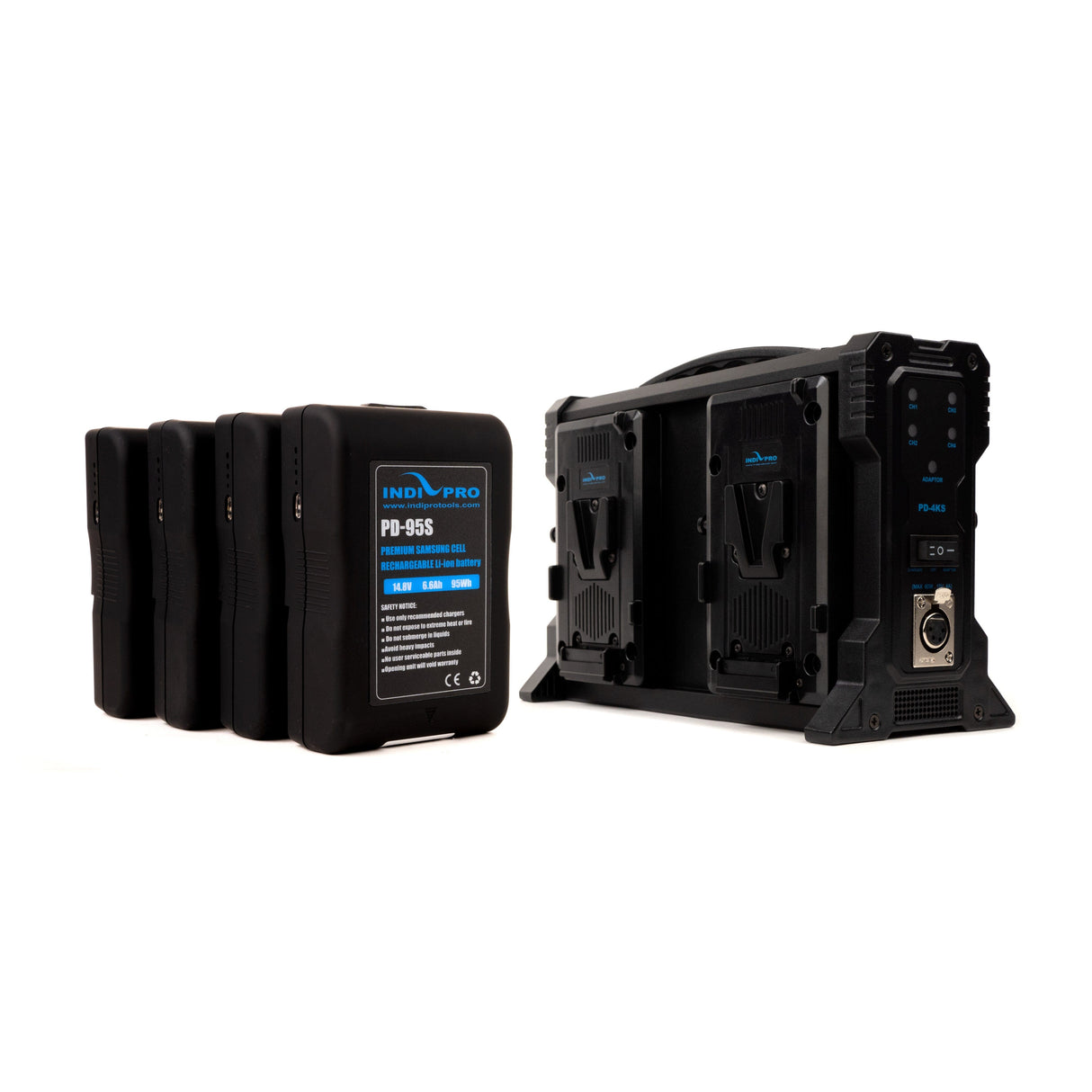 Indipro 4x Compact 95Wh V-Mount Li-Ion Batteries and Quad V-Mount Battery Charger Kit