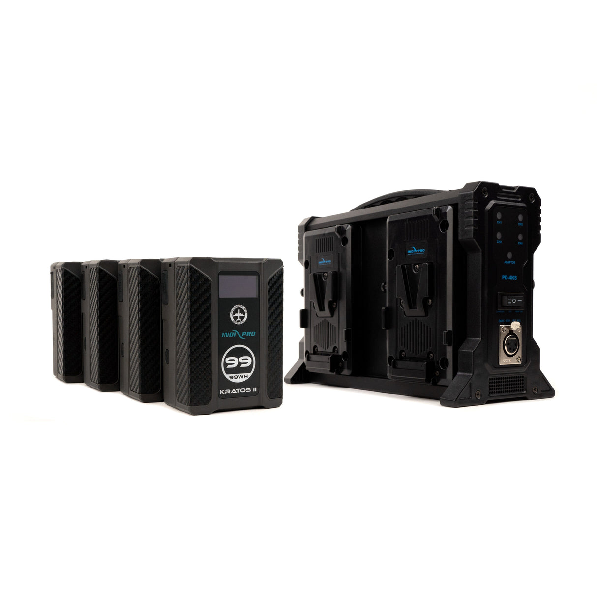 Indipro 4x Kratos 99Wh V-Mount Li-Ion Batteries and Quad V-Mount Battery Charger Kit