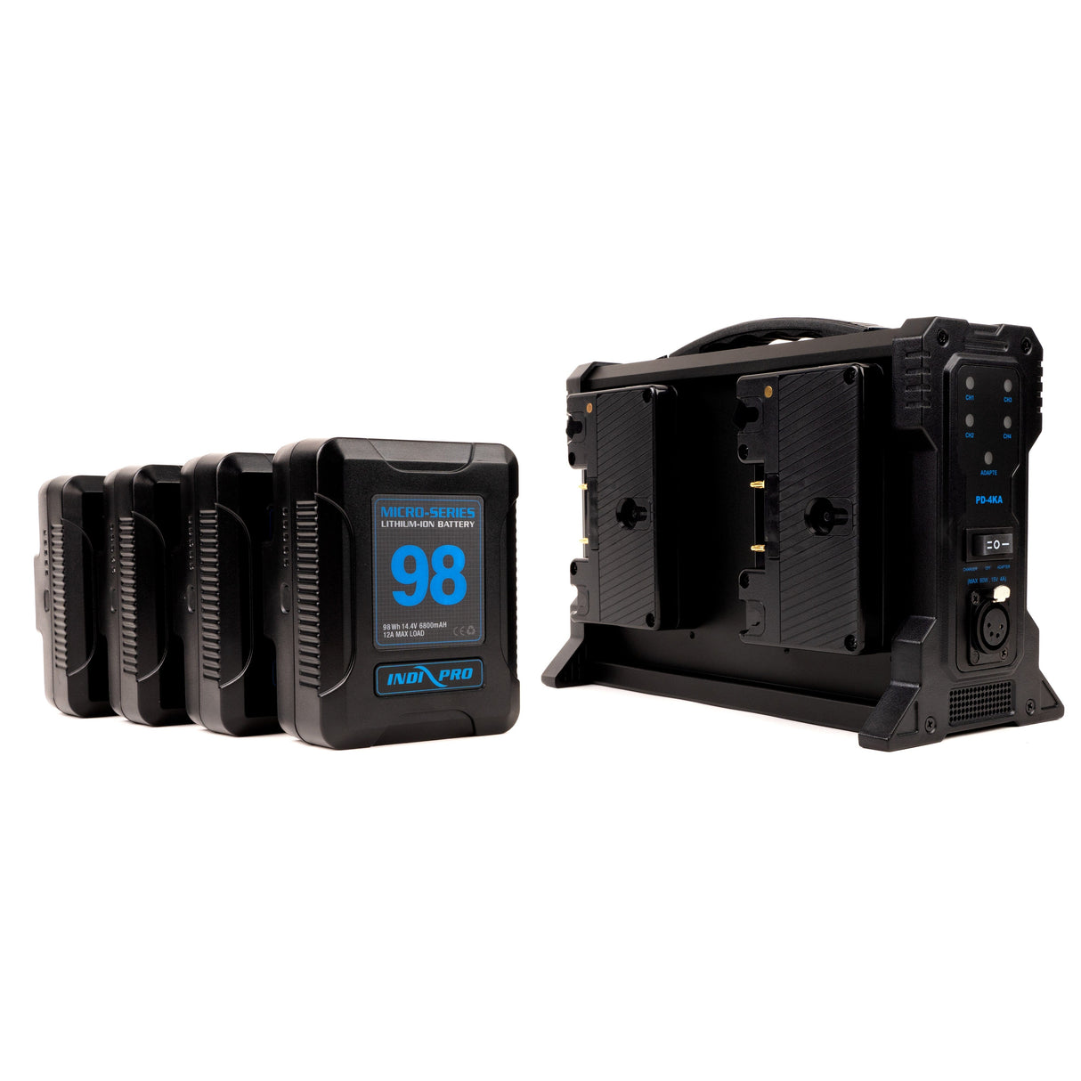 Indipro 4x Micro-Series 98Wh Gold Mount Li-Ion Batteries and Quad Pro Gold Mount Battery Charger Kit