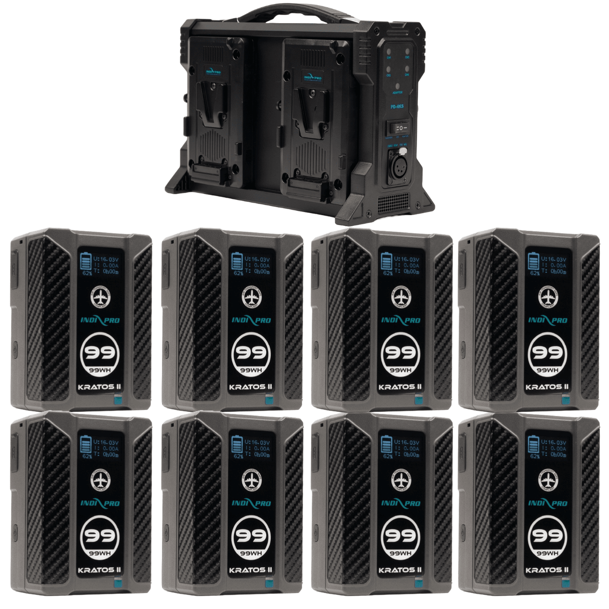 Indipro 8x Kratos 99Wh V-Mount Li-Ion Batteries and Quad V-Mount Battery Charger Kit