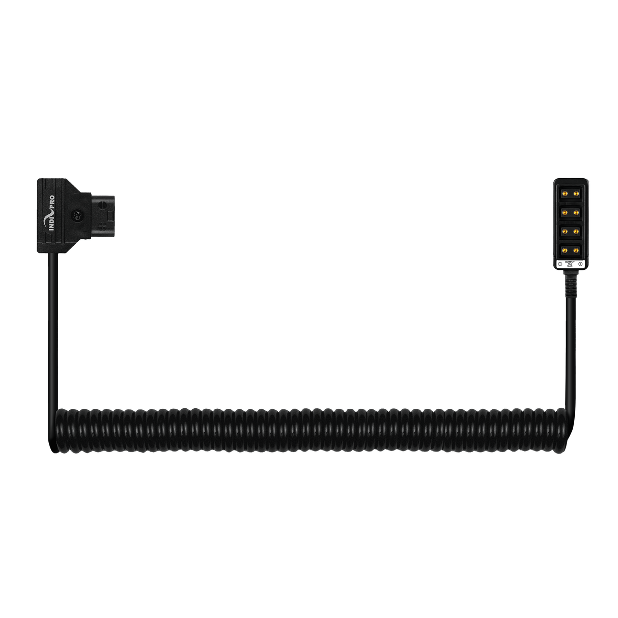 Indipro Coiled D-Tap Power Cable to 4x Female D-Tap Outputs (24-36", Non-Regulated)