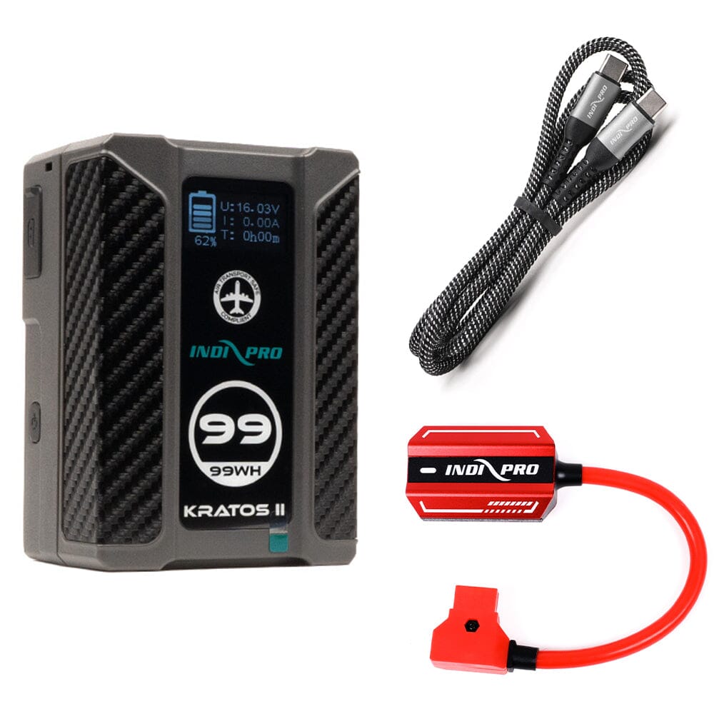 Indipro Kratos 99Wh V-Mount Battery, Bi-Directional Quick Charger & Type-C USB to Type-C USB Bundle
