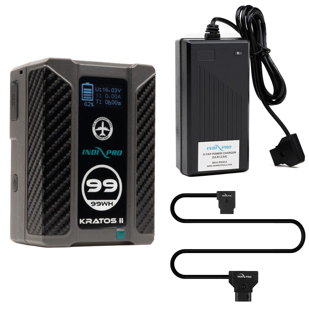 Indipro Kratos 99Wh V-Mount Battery, Charger & D-Tap Male to D-Tap Female Cable Bundle