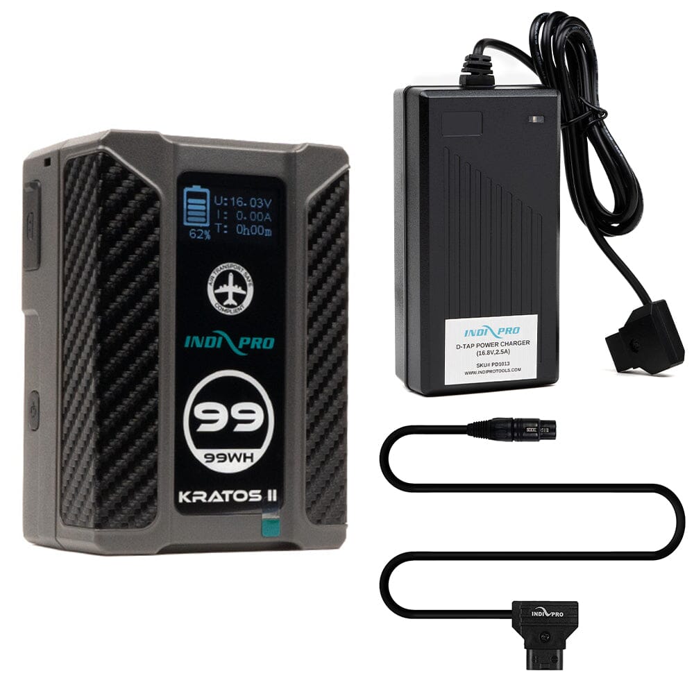 Indipro Kratos 99Wh V-Mount Battery, Charger & D-Tap to 4-Pin XLR Connector Bundle