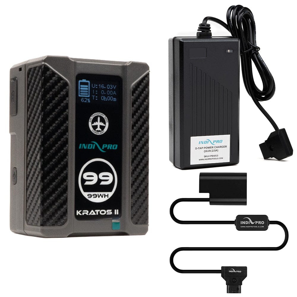 Indipro Kratos 99Wh V-Mount Battery, Charger & D-Tap to Panasonic DMW-BLF19 Battery Bundle