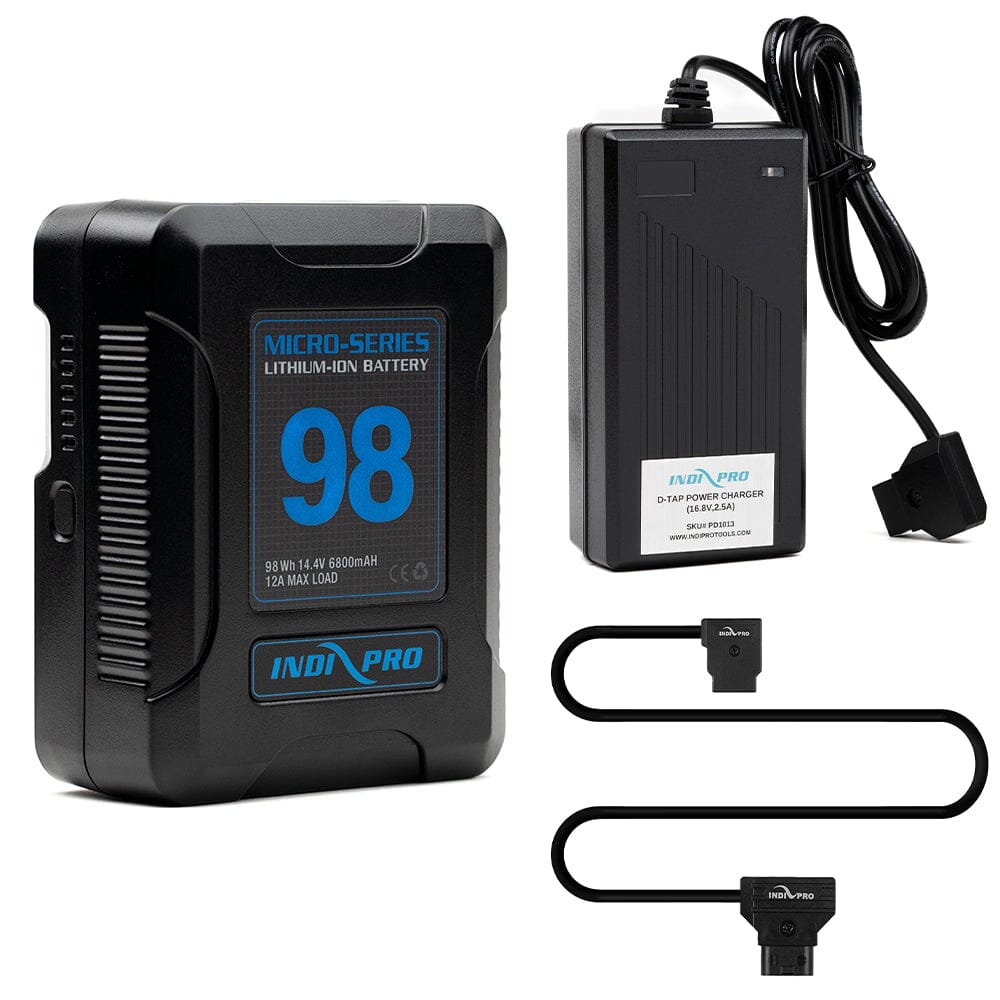 Indipro Micro Series 98Wh V-Mount Battery, Charger & D-Tap Male to D-Tap Female Cable Bundle