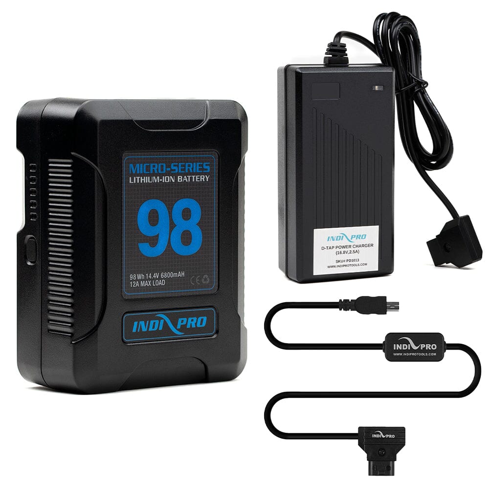 Indipro Micro Series 98Wh V-Mount Battery, Charger & D-Tap to Mini USB Connector Bundle