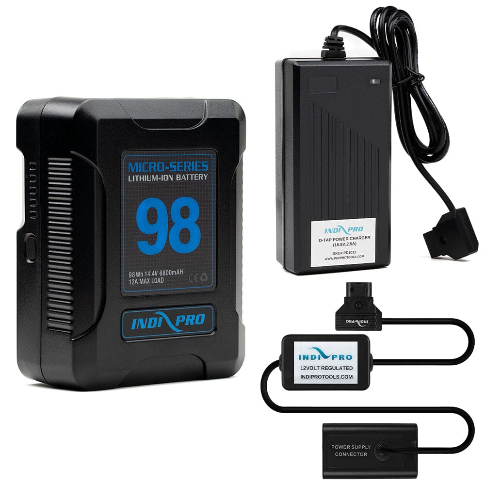 Indipro Micro Series 98Wh V-Mount Battery, Charger & D-Tap to Panasonic VW-VBD58 Battery Bundle