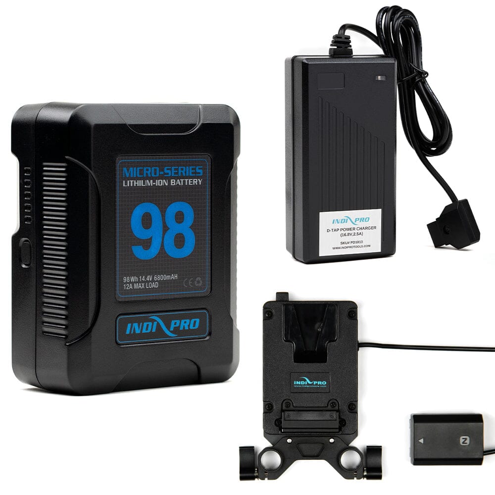 Indipro Micro Series 98Wh V-Mount Battery, Charger & Mini V-Mount Plate to Sony NP-FZ100 Battery Bundle