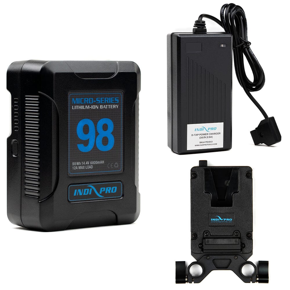 Indipro Micro Series 98Wh V-Mount Battery, Charger & Mini V-Mount Plate w/ 15mm Bundle