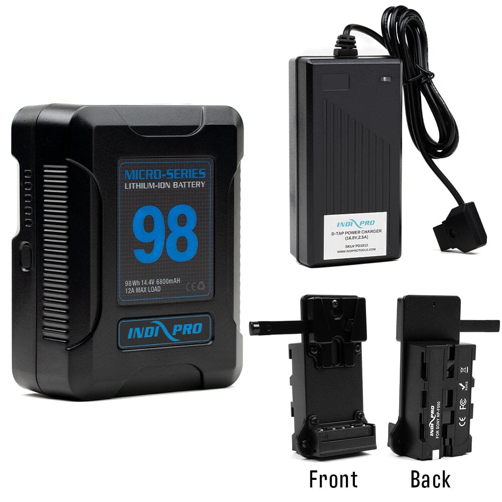 Indipro Micro Series 98Wh V-Mount Battery, Charger & Slim V-Mount to NP-F Battery Converter Bundle