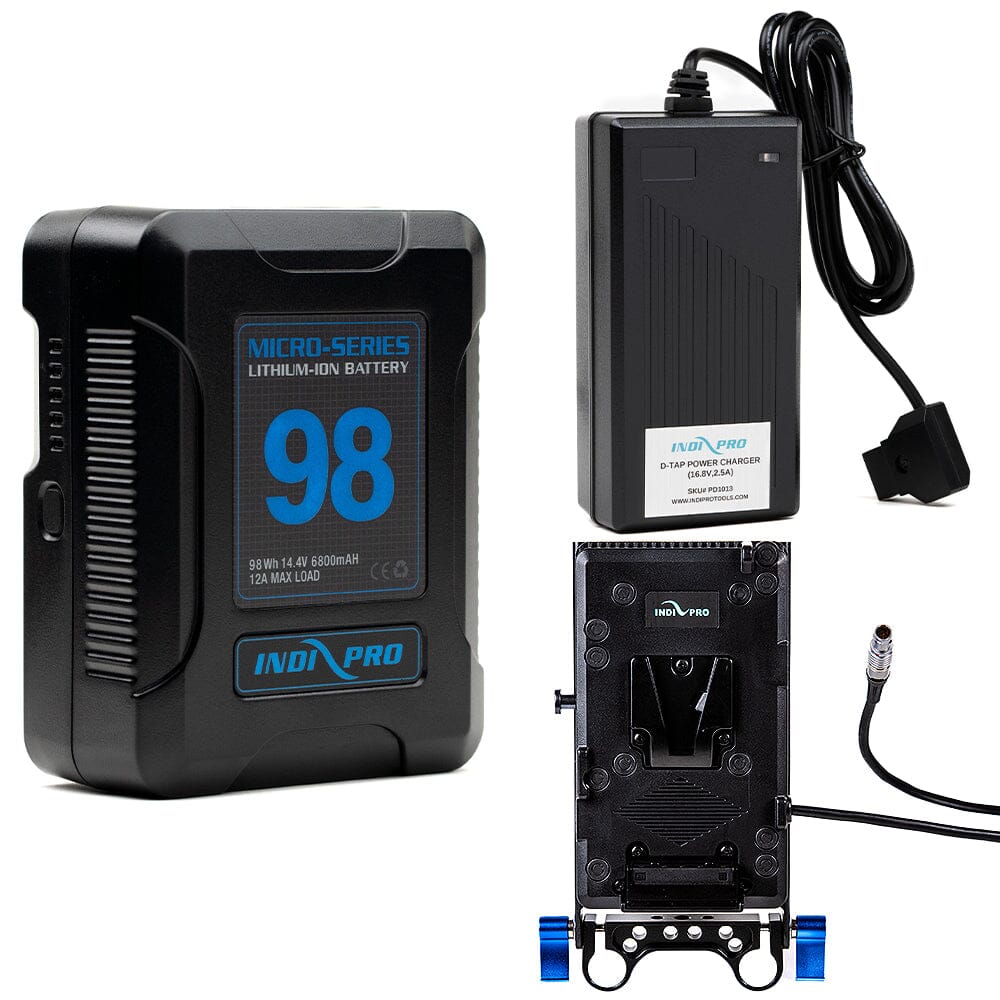 Indipro Micro Series 98Wh V-Mount Battery, Charger & V-Mount Plate for Blackmagic PYXIS Bundle
