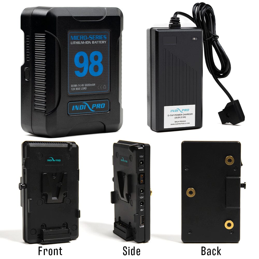 Indipro Micro Series 98Wh V-Mount Battery, Charger & V-Mount Plate to Gold Mount Adapter w/ Multi Outputs Bundle