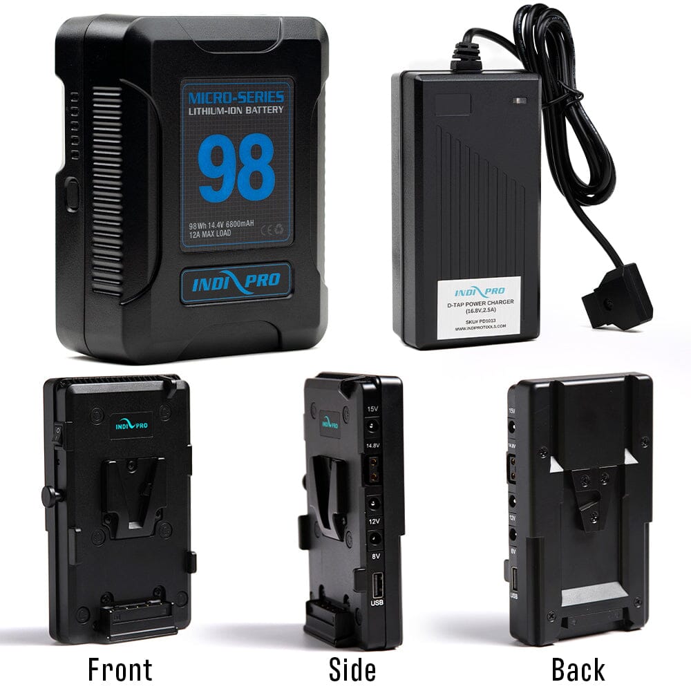 Indipro Micro Series 98Wh V-Mount Battery, Charger & V-Mount Plate to V-Mount Adapter w/ Multi Outputs Bundle