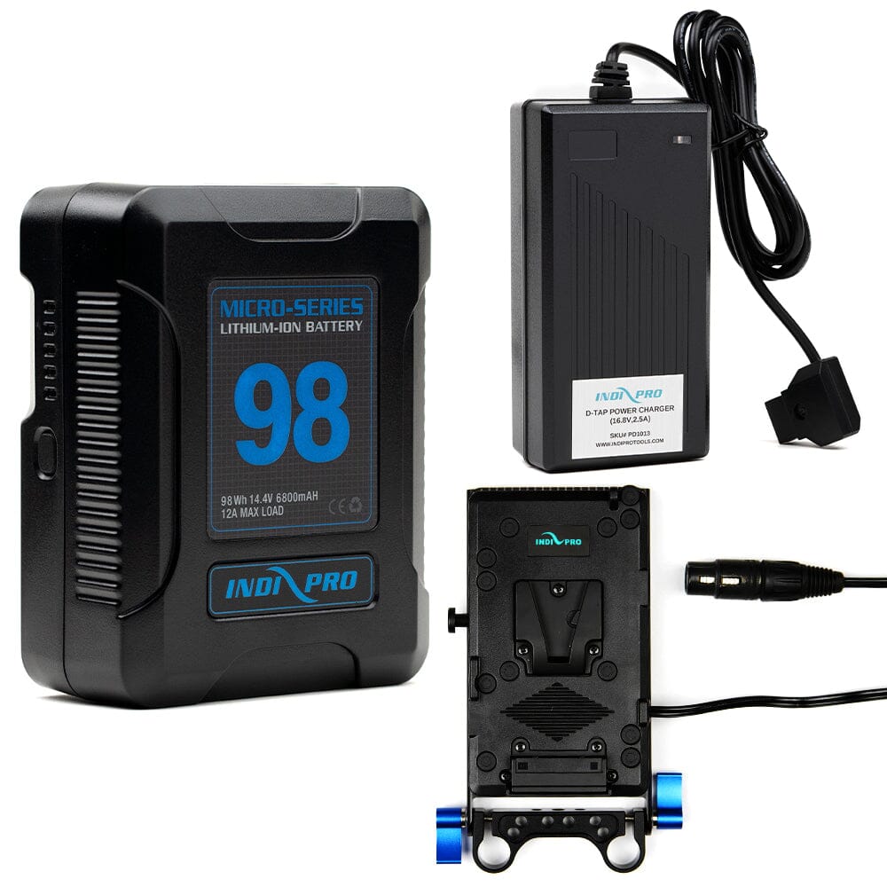 Indipro Micro Series 98Wh V-Mount Battery, Charger & V-Mount Plate with 4-Pin XLR Connector Bundle