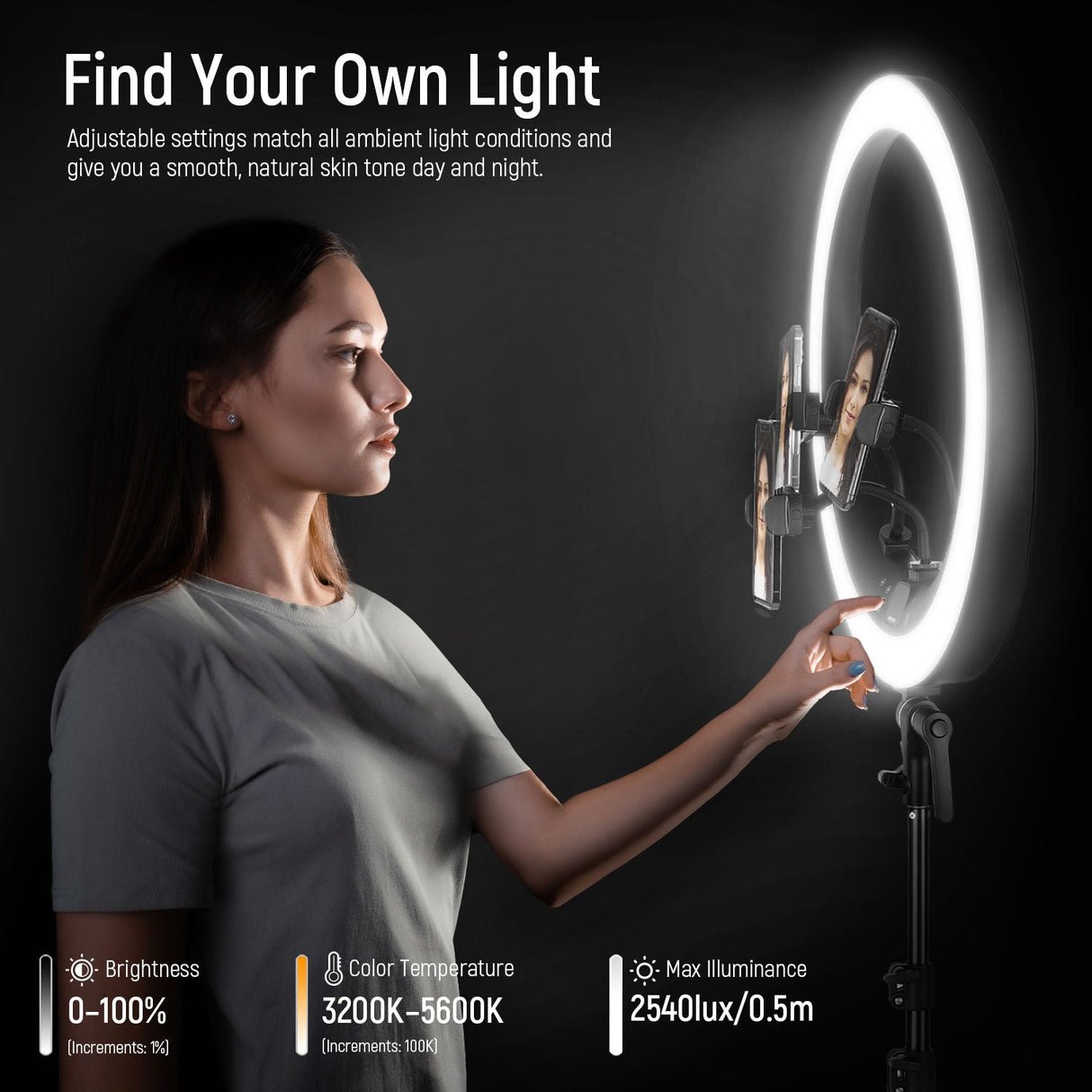 NEEWER RP18H 19 Inch LED Ring Light With 3 Phone Holders
