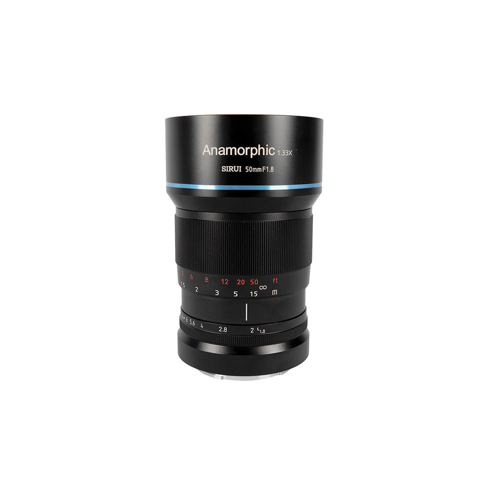 SIRUI 50mm F1.8 1.33x APS-C anamorphic lens for cinema films with X-Mount, E-mount, and M 4/3 compatibility.