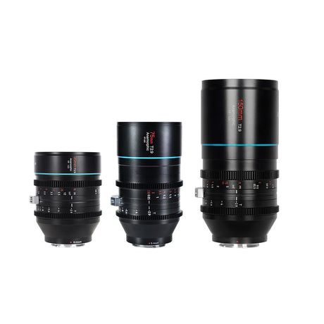 SIRUI Venus Full-Frame Anamorphic Lens set, showcasing 35mm, 50mm, and 75mm focal lengths, ideal for filmmakers.