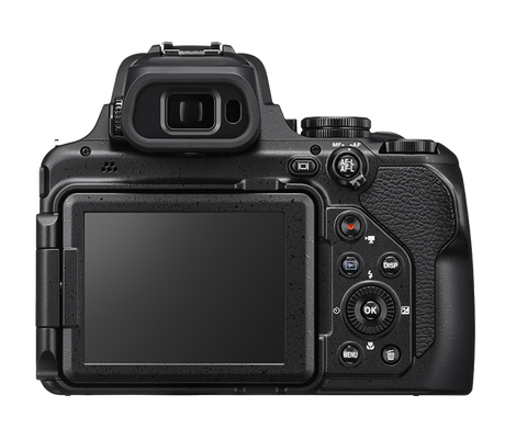 Nikon COOLPIX P1100 rear view showing 3.2-inch vari-angle LCD and OLED electronic viewfinder