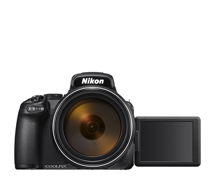 Nikon COOLPIX P1100 front view with LCD screen extended