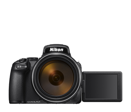 Nikon COOLPIX P1100 front view with LCD screen extended