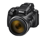 Nikon COOLPIX P1100 digital camera front three-quarter view showing 125x optical zoom NIKKOR lens