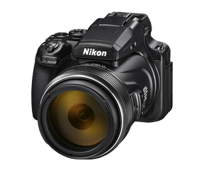 Nikon COOLPIX P1100 digital camera front three-quarter view showing 125x optical zoom NIKKOR lens