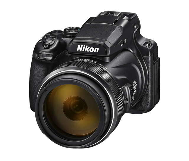 Nikon COOLPIX P1100 digital camera front three-quarter view showing 125x optical zoom NIKKOR lens