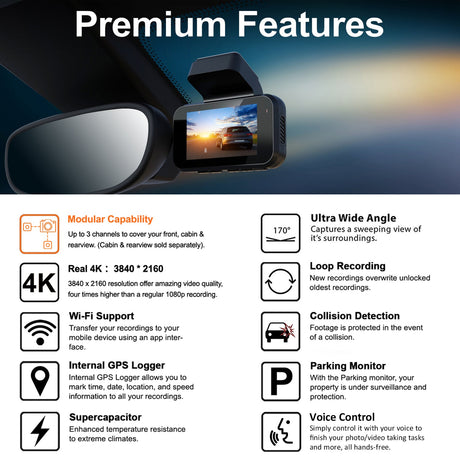 REXING V5C Plus Dash Cam Front 4K & 1080p Cabin Camera w/ Modular Capabilities, WiFi, and GPS