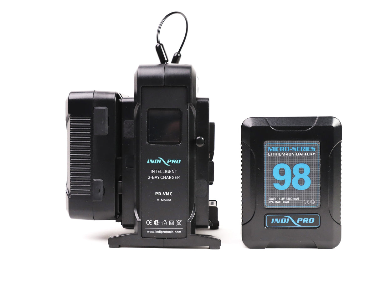 Indipro 2x Micro-Series 98Wh V-Mount Li-Ion Batteries and Dual V-Mount Battery Intelligent Charger Kit