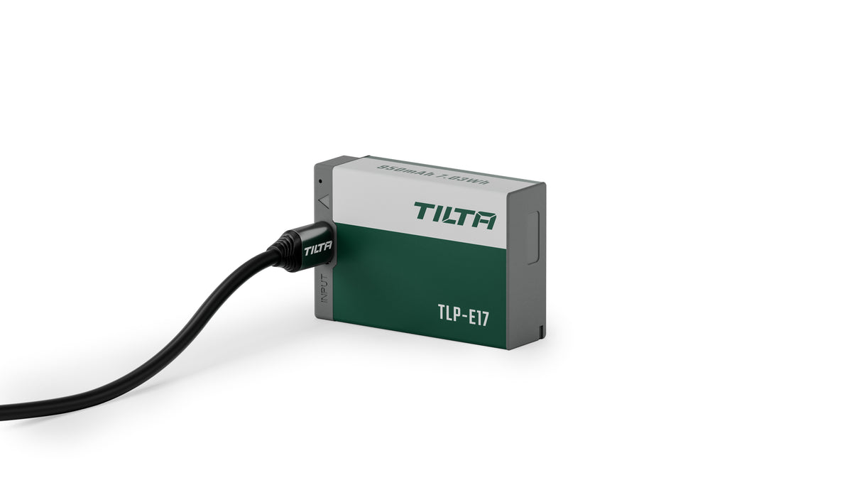 Tilta TLP-E17-FG LP-E17 battery in Forest Green charging directly through its USB-C port