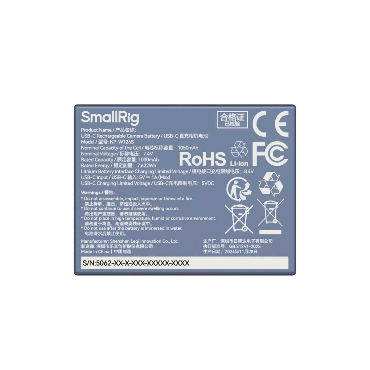 SmallRig NP-W126S USB-C Rechargeable Camera Battery