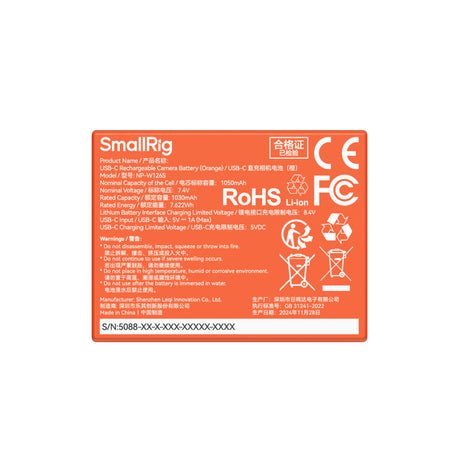 SmallRig NP-W126S USB-C Rechargeable Camera Battery (Orange)