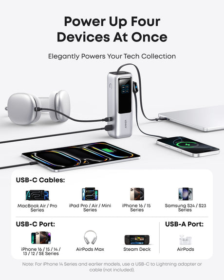 Anker Laptop Power Bank (25K, 165W, Built-In and Retractable Cables)