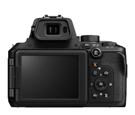 Nikon COOLPIX P950 rear view showing 3.2-inch vari-angle LCD and electronic viewfinder