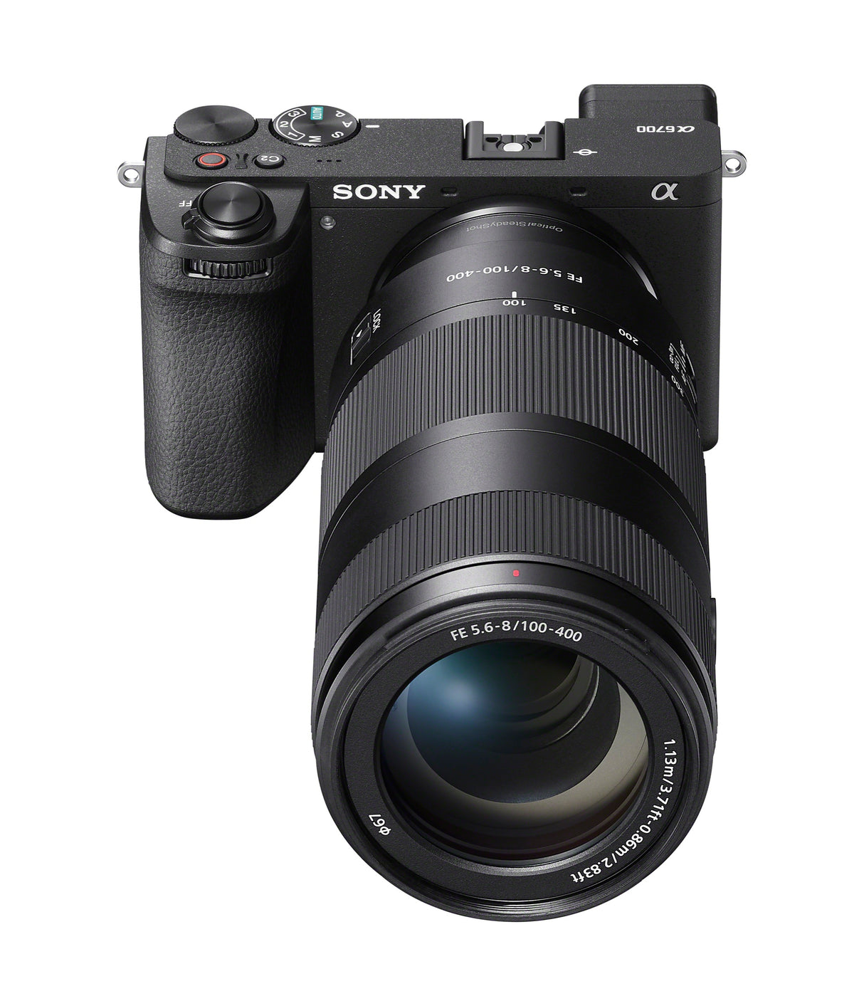 Sony FE 100-400mm F5.6-8 OSS mounted on a Sony a6700, front top view