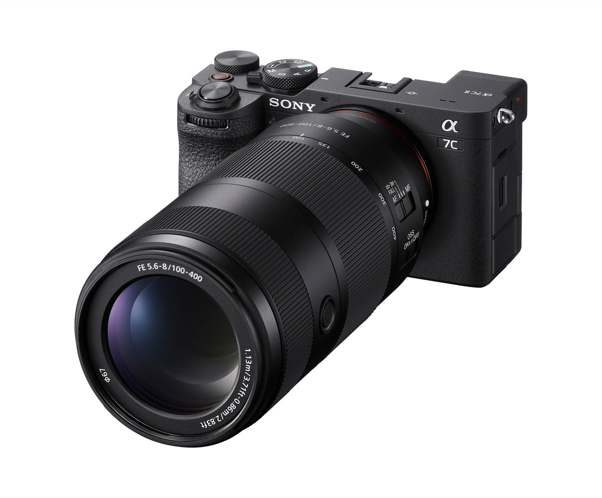 Sony FE 100-400mm F5.6-8 OSS mounted on a Sony a7C II, right side view