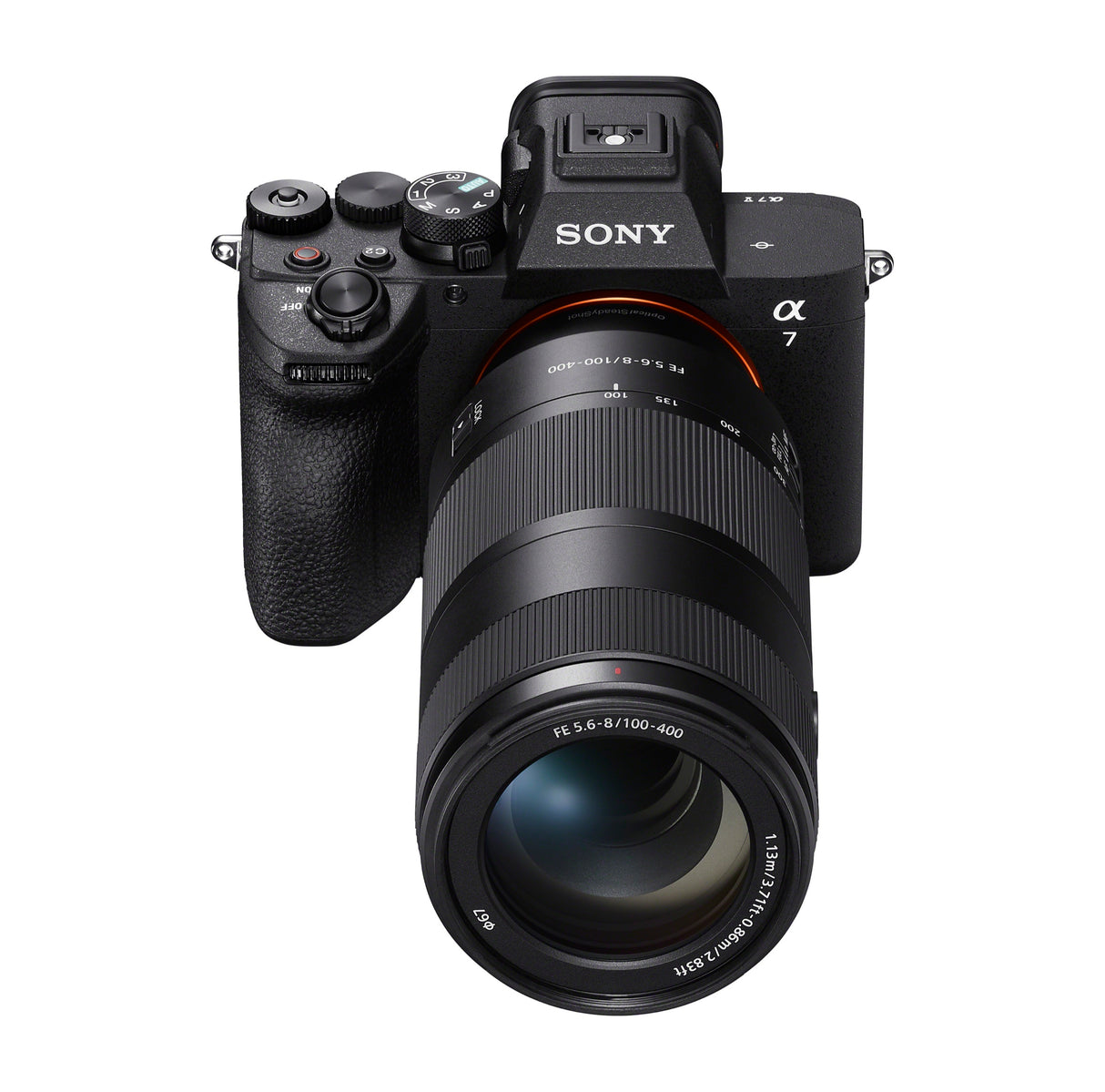 Sony FE 100-400mm F5.6-8 OSS mounted on a Sony a7 V, front top view