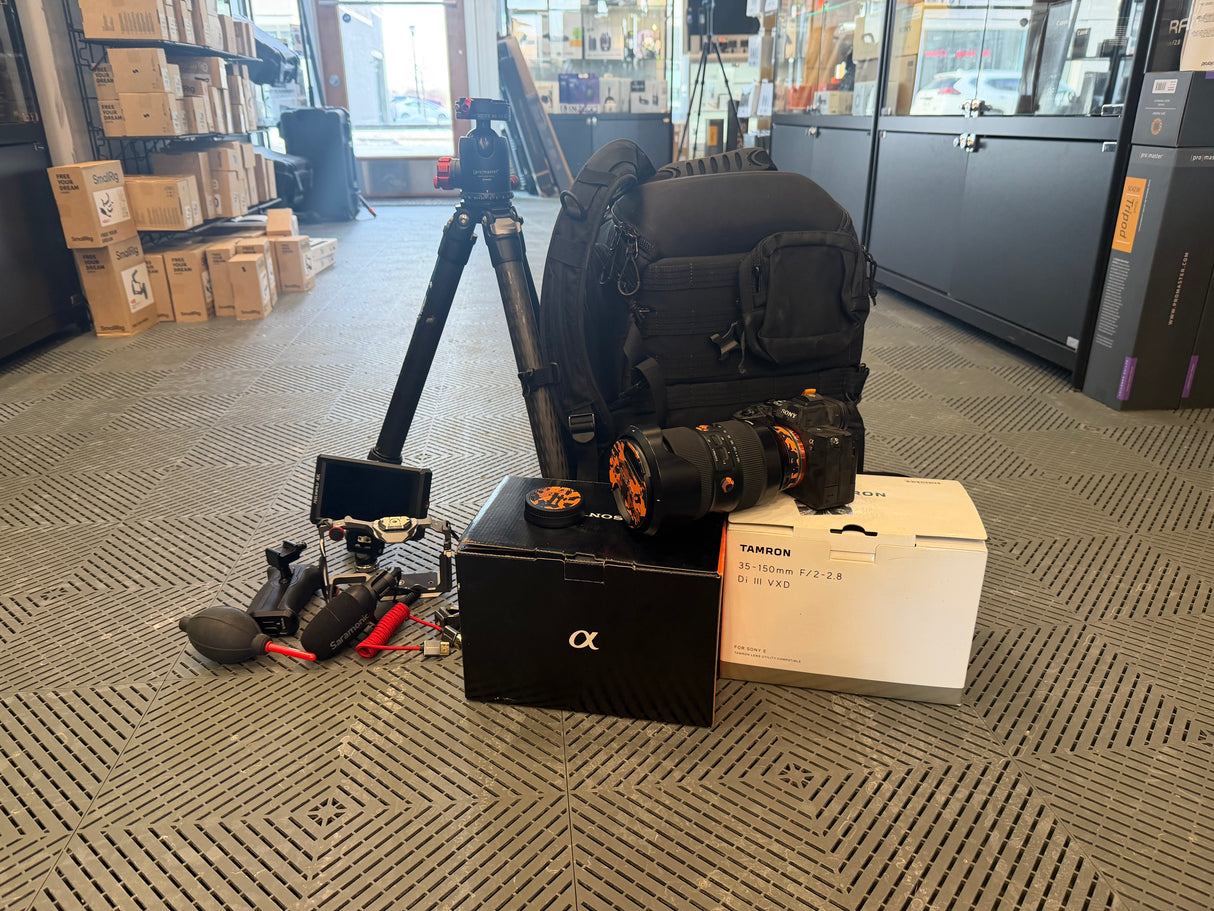 (Used) Sony A7IV with Tamron 35-150mm and Viltrox 20mm, Backpack, Tripod, Monitor & Microphone Kit (no returns)