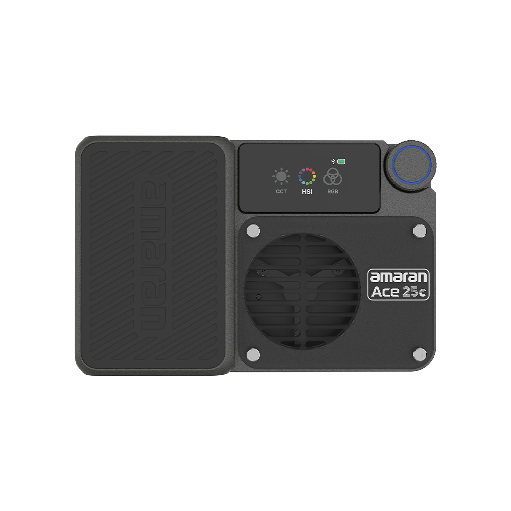 amaran Ace 25c Charcoal rear view showing the CCT/HSI/RGB display, control dial and cooling fan