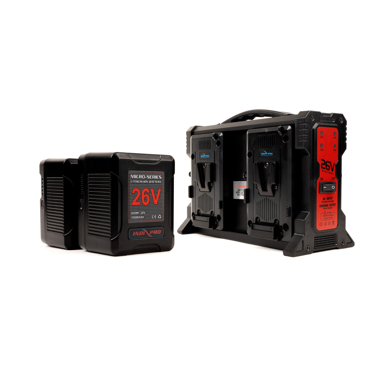 Indipro 2x Micro-Series 26V 265Wh V-Mount Li-Ion Batteries and 26V V-Mount Quad Charger Kit