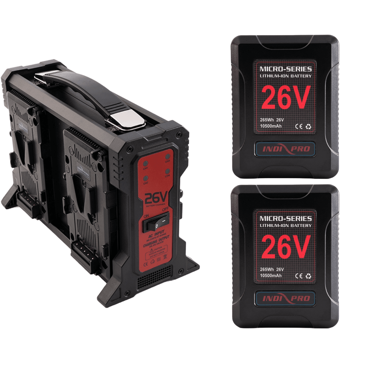 Indipro 2x Micro-Series 26V 265Wh V-Mount Li-Ion Batteries and 26V V-Mount Quad Charger Kit